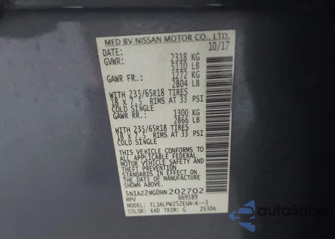 2017 Nissan Murano S z USA, uszkodzony, nr VIN 5N1AZ2MG0HN202702